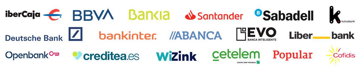 Ibercaja, BBVA, Bankia, Santander, Sabadell, Kutxabank, Deutsche Bank, Bankinter, Abanca, EVO, Liber Bank, Openbank, Creditea, Wizink, Cetelem, Popular, Cofidis